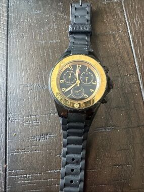Michele Black and Gold Chronograph Watch with Silicone Strap